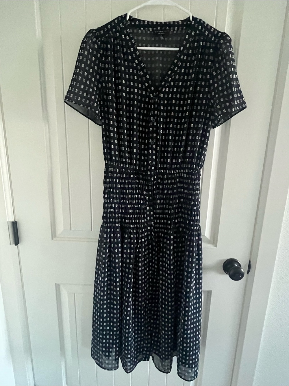 Navy blue Short-Sleeve Midi Dress with White Dot Print